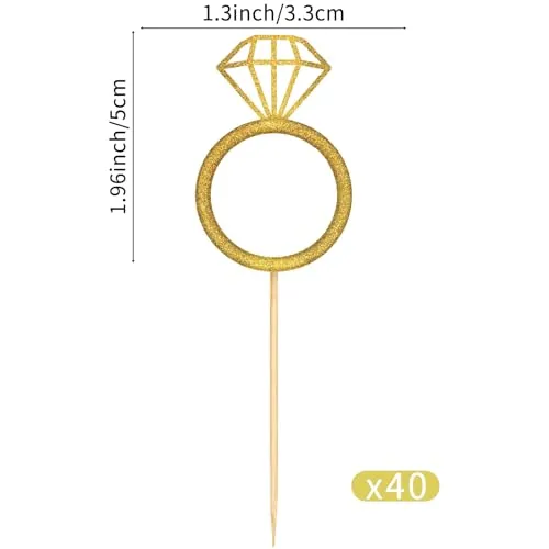 40 Pcs Gold Glitter Diamond Ring Cupcake Toppers Wedding Cake Decorations for Engagement Anniversary Valentines Party Supplies