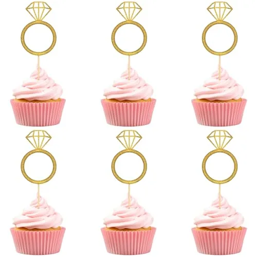 40 Pcs Gold Glitter Diamond Ring Cupcake Toppers Wedding Cake Decorations for Engagement Anniversary Valentines Party Supplies