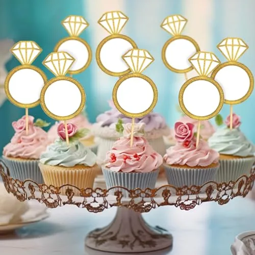 40 Pcs Gold Glitter Diamond Ring Cupcake Toppers Wedding Cake Decorations for Engagement Anniversary Valentines Party Supplies