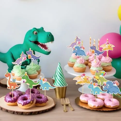 40 Pcs Dinosaur Cupcake Toppers Cute Dinosaur Birthday Cupcake Picks Dino Cake Decorations for Dinosaur Theme Baby Shower Party Supplies