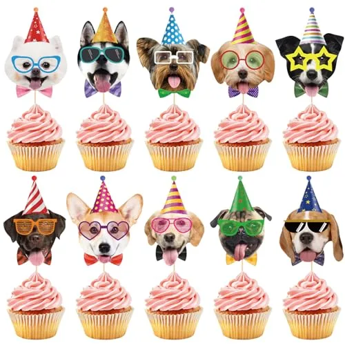 40 Pcs Pet Dog Cupcake Toppers Dogs Face Birthday Hat Cupcake Picks Dog Cake Decorations for Puppy Theme Kids Birthday Baby Shower Party Decorations Supplies