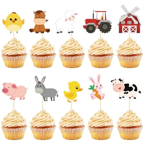 40 Pcs Farm Cupcake Toppers Farm Animal Barn Cupcake Picks Cute Animals Cake Decorations for Barnyard Tractor Theme Birthday Baby Shower Party Decorations Supplies