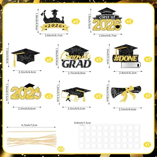 40 Pack Graduation Cupcake Toppers Glitter Class of 2026 Grad Cap Picks for Congrats Grad High School College Grad Party Cake Decorations