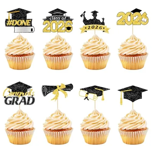 40 Pack Graduation Cupcake Toppers Glitter Class of 2026 Grad Cap Picks for Congrats Grad High School College Grad Party Cake Decorations