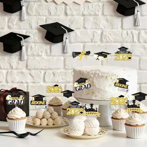 40 Pack Graduation Cupcake Toppers Glitter Class of 2026 Grad Cap Picks for Congrats Grad High School College Grad Party Cake Decorations