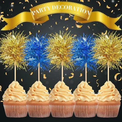Chinco 100 Pcs Cupcake Toppers Classic,Blue, Gold