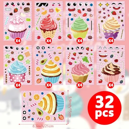 32 Sheets Make a Face Cupcake Stickers for Kids Toddlers Make Your Own Dessert Stickers Mix and Match Cupcake Craft Supplies Birthday Party Gifts Classroom Rewards