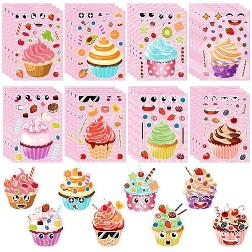 32 Sheets Make a Face Cupcake Stickers for Kids Toddlers Make Your Own Dessert Stickers Mix and Match Cupcake Craft Supplies Birthday Party Gifts Classroom Rewards