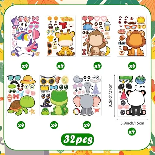 32 Sheets Make a Face Animal Stickers for Kids Toddlers Reusable Mix and Match Make Your Own Animal Stickers Safari Animals DIY Craft Supplies Birthday Party Gifts Classroom Rewards