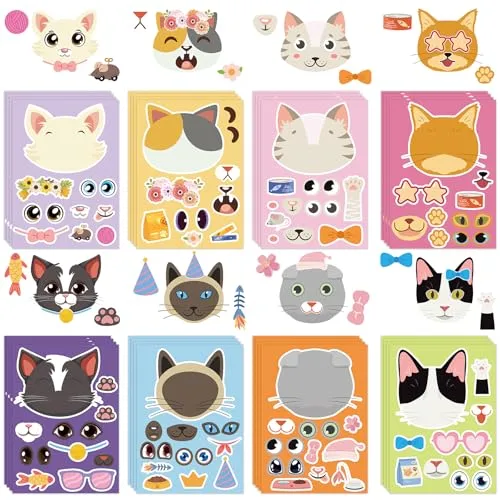 32 Pcs Cat Make a Face Stickers Sheets for Kids Toddlers Make Your Own Animal Stickers Cat Theme Party Supplies Crafts Birthday Party Gifts Classroom Rewards