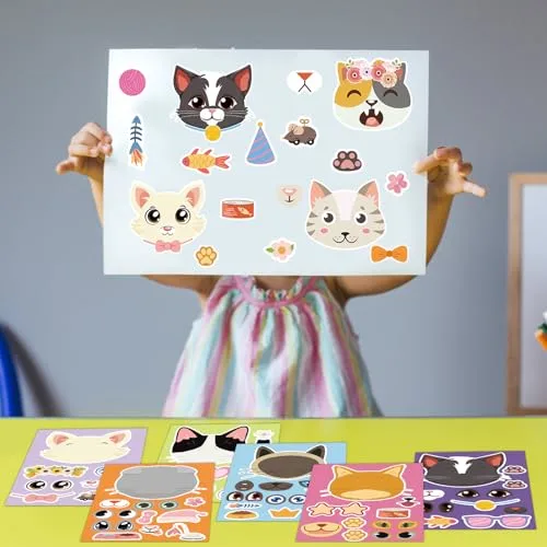 32 Pcs Cat Make a Face Stickers Sheets for Kids Toddlers Make Your Own Animal Stickers Cat Theme Party Supplies Crafts Birthday Party Gifts Classroom Rewards