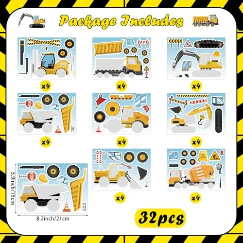 32 Sheets Construction Vehicle Stickers for Kids Boys Make Your Own Excavators Trucks Craft Stickers Construction Themed Birthday Party Favor Classroom Rewards