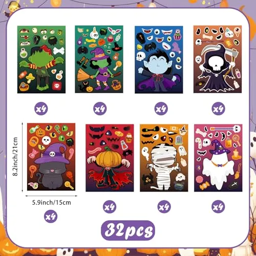 32 Pcs Make Your Own Halloween Stickers Sheets for Kids Toddlers Make a Face Halloween Craft Stickers Trick or Treat Party Gifts Game Activities Classroom Rewards