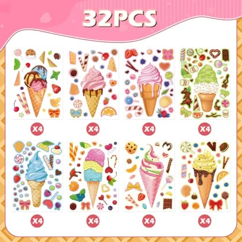 32 Sheets Make Your Own Ice Cream Stickers Make a Face Stickers Birthday Party Gifts Summer Holiday Party Supplies Goodie Bag Stuffers Rewards