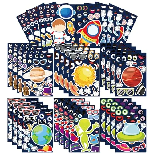 32 Pcs Outer Space Stickers Make Your Own Sticker Sheets for Kids Toddlers Make a Face Outer Space Stickers Birthday Party Favor DIY Craft Supplies