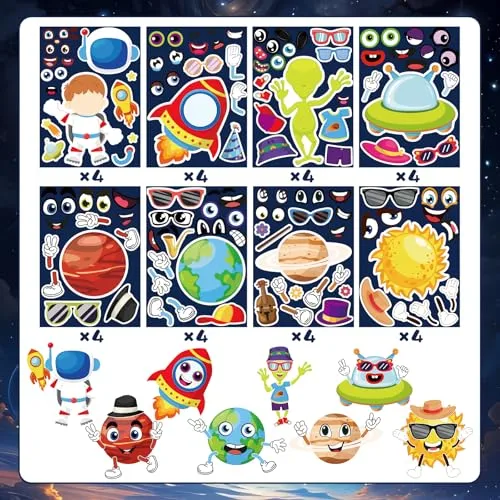 32 Pcs Outer Space Stickers Make Your Own Sticker Sheets for Kids Toddlers Make a Face Outer Space Stickers Birthday Party Favor DIY Craft Supplies
