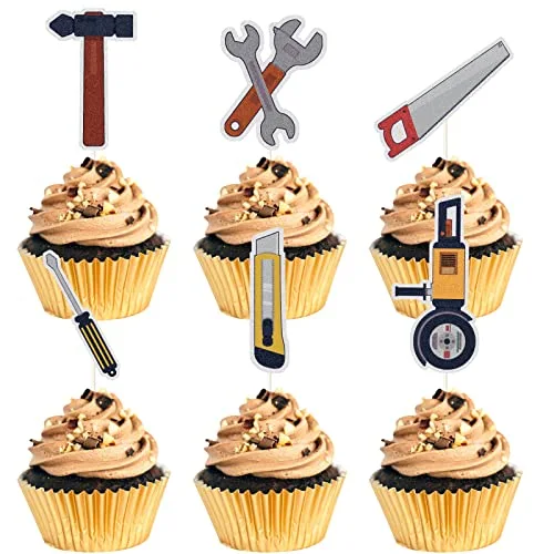 Mechanic Cupcake Toppers, 18pcs Tools Dessert Toppers, Silver/Grey Birthday Party Supplies