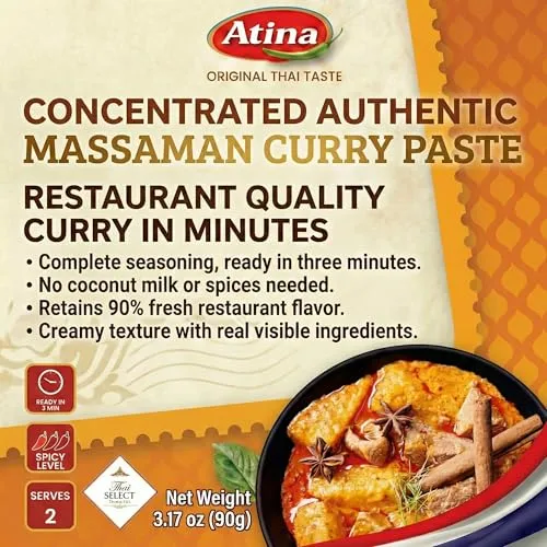 Atina Massaman Curry Paste, Thai Massaman Curry Paste & Thai Massaman Curry Sauce, Ready-to-Cook, Concentrated, Gluten Free, No Preservatives, 3.17 oz,Pack of 1