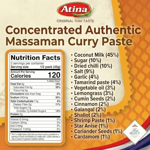 Atina Massaman Curry Paste, Thai Massaman Curry Paste & Thai Massaman Curry Sauce, Ready-to-Cook, Concentrated, Gluten Free, No Preservatives, 3.17 oz,Pack of 1