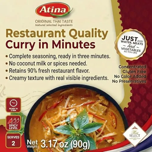Atina Ready-to-Cook Red Curry Paste, Thai Red Curry Paste & Thai Red Curry Sauce, Original Thai Taste, Concentrated, Gluten Free, No Preservatives, 3.17 oz, Pack of 1