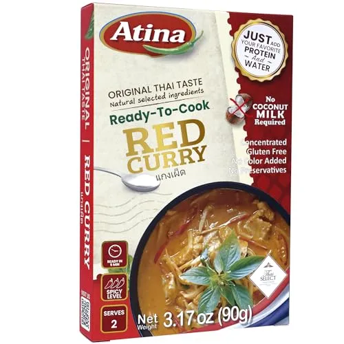 Atina Ready-to-Cook Red Curry Paste, Thai Red Curry Paste & Thai Red Curry Sauce, Original Thai Taste, Concentrated, Gluten Free, No Preservatives, 3.17 oz, Pack of 1