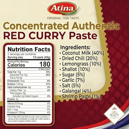 Atina Ready-to-Cook Red Curry Paste, Thai Red Curry Paste & Thai Red Curry Sauce, Original Thai Taste, Concentrated, Gluten Free, No Preservatives, 3.17 oz, Pack of 1