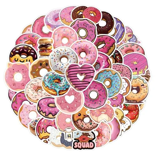 55Pcs Cute Cartoon Donut Stickers, Waterproof Vinyl, Cartoon Style, Decorative Laptop Decals, Indoor Use, Food Theme, Water Cup, Scrapbook，Skateboarding (Colourful-Y1)