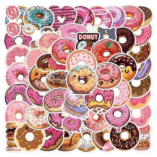55Pcs Cute Cartoon Donut Stickers, Waterproof Vinyl, Cartoon Style, Decorative Laptop Decals, Indoor Use, Food Theme, Water Cup, Scrapbook，Skateboarding (Colourful-Y1)