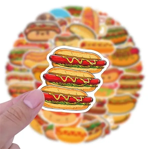 55Pcs Hot Dog Stickers for Laptop,Hot Dog Party Decorations,Delicious Food Foods Party Favors,Vinyl Waterproof Decals for Water Bottles Laptop Cellphone Suitcase Skateboard Guitar (Colourful-Y3)