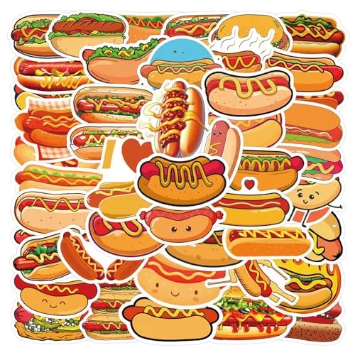 55Pcs Hot Dog Stickers for Laptop,Hot Dog Party Decorations,Delicious Food Foods Party Favors,Vinyl Waterproof Decals for Water Bottles Laptop Cellphone Suitcase Skateboard Guitar (Colourful-Y3)