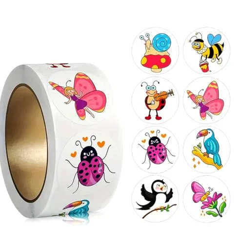 500PCS Cartoon Insect & Animal Stickers Roll, 8 Designs 1 Inch Round Waterproof Self-Adhesive Stickers for Teacher Rewards, Kids, Scrapbooking, Journal, Envelope Decorations