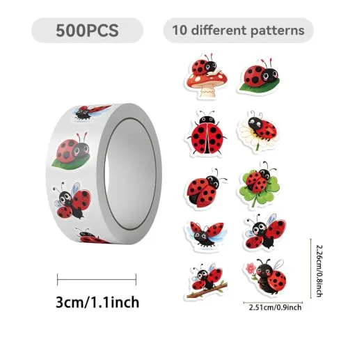 500Pcs Cute Round Cartoon Ladybug Vinyl Stickers Roll, Daisy Mushroom Clover Branch Pattern Waterproof Decals for Water Bottle Laptop Journal Scrapbooking Tumbler Kids DIY Craft Gift Packaging Decor