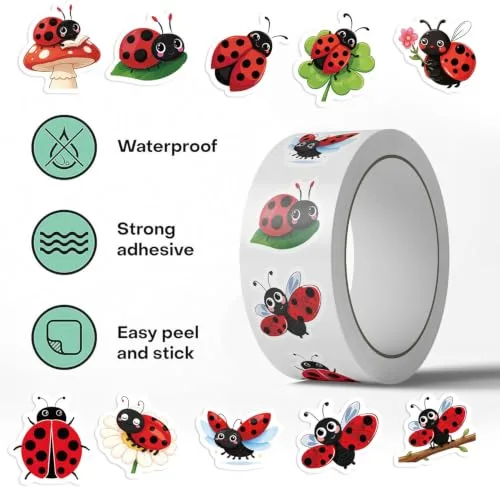 500Pcs Cute Round Cartoon Ladybug Vinyl Stickers Roll, Daisy Mushroom Clover Branch Pattern Waterproof Decals for Water Bottle Laptop Journal Scrapbooking Tumbler Kids DIY Craft Gift Packaging Decor