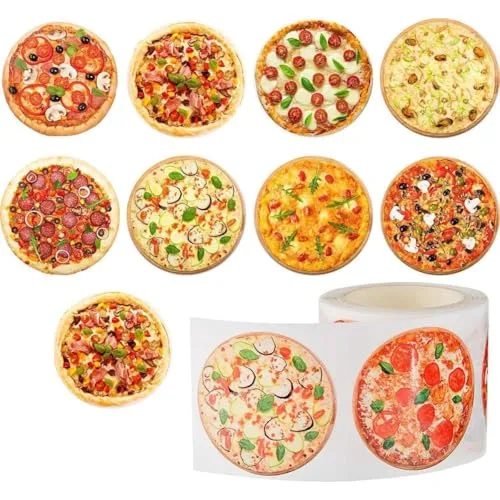 500Pcs Pizza Stickers Roll, 8 Realistic Pizza Designs, Food Vinyl Stickers for Kids, Waterproof Stickers for Party Favors, Water Bottles, Scrapbooking, Laptop, Skateboards, Guitars, Suitcases