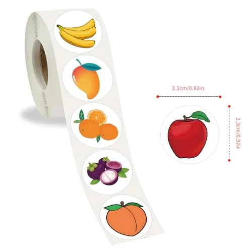 500Pcs 1 Inch Round Mixed Fruit Stickers Roll Cute Cartoon Tropical Fruit Waterproof Vinyl Decals for Kids DIY Journal Scrapbooking Water Bottles Laptops Envelope Seals Party Favors for Fruit Lovers
