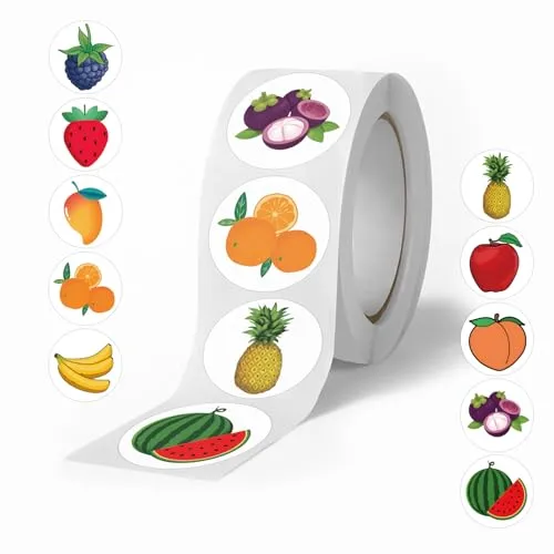 500Pcs 1 Inch Round Mixed Fruit Stickers Roll Cute Cartoon Tropical Fruit Waterproof Vinyl Decals for Kids DIY Journal Scrapbooking Water Bottles Laptops Envelope Seals Party Favors for Fruit Lovers