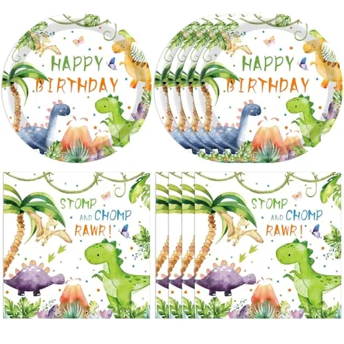 40Pcs Dinosaur Birthday Decorations - 7” Dino Paper Plates and Napkins Disposable Party Tableware for Kids Birthday Party Decorations Serves 20