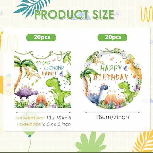 40Pcs Dinosaur Birthday Decorations - 7” Dino Paper Plates and Napkins Disposable Party Tableware for Kids Birthday Party Decorations Serves 20