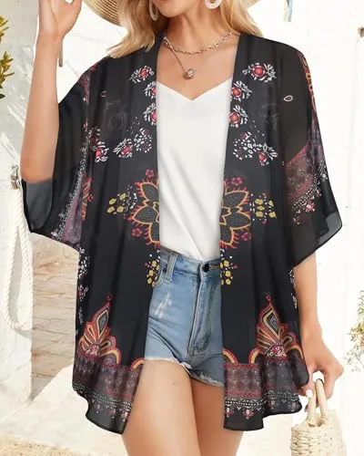 CHICGAL Womens Floral Kimono Cardigan Beach Cover Up Casual Summer Tops