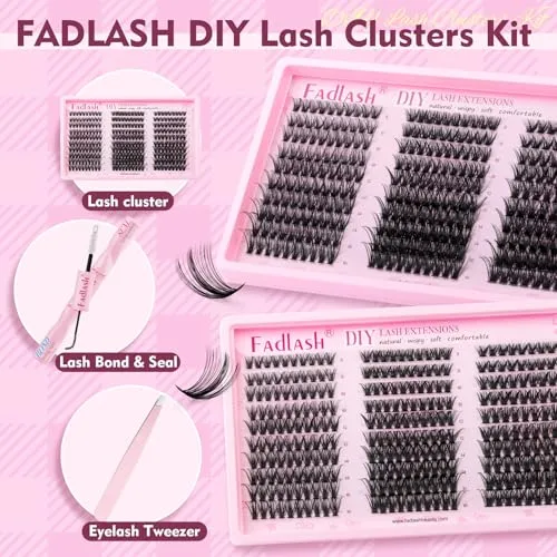 Lash Clusters Kit Wispy Eyelash Clusters 40D 50D 60D Natural Cluster Lashes D Curl Individual Cluster Eyelash Extensions 8-16mm with Lash Bond and Seal Lash Tweezer by FADLASH