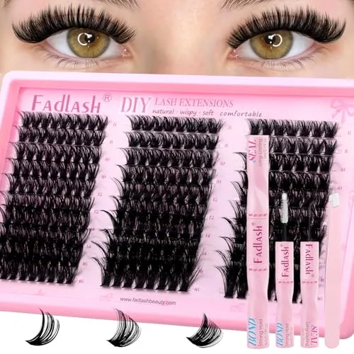 FADLASH Lash Clusters Kit Fluffy Eyelash Cluster Natural D Curl Cluster Eyelash Extension 8-16mm with Lash Bond and Seal Lash Tweezer for Beginners (60D+80D+100D, Kit)