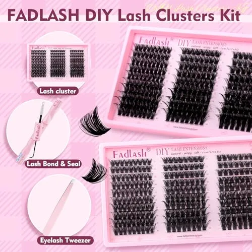 FADLASH Lash Clusters Kit Fluffy Eyelash Cluster Natural D Curl Cluster Eyelash Extension 8-16mm with Lash Bond and Seal Lash Tweezer for Beginners (60D+80D+100D, Kit)
