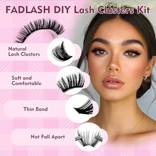 FADLASH Lash Clusters Kit Fluffy Eyelash Cluster Natural D Curl Cluster Eyelash Extension 8-16mm with Lash Bond and Seal Lash Tweezer for Beginners (60D+80D+100D, Kit)