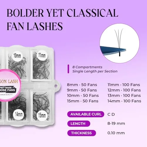 600 3D Mix Loose Promade Fans Extensions Black-0.1-D-8-15mm