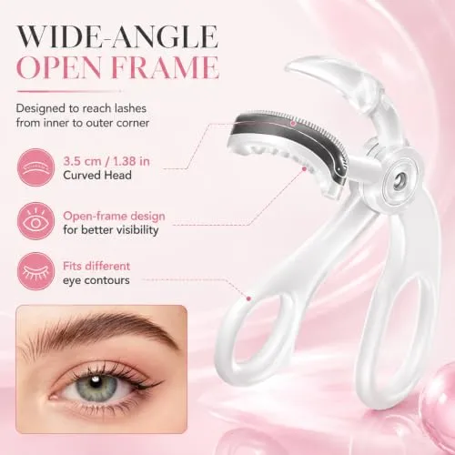 Wide‑Angle Eyelash Curler with Comb, Pinch-Free Lash Curler, White