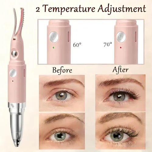Heated Eyelash Curler - 2 in 1 Eye Lash Curler and Eyebrow Trimmer for Women with 2 Temperature Modes, USB Rechargeable Electric Eyelash Curler, Anti-Burn Design, Ideal Gift for Women(Pink B1)