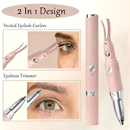 Heated Eyelash Curler - 2 in 1 Eye Lash Curler and Eyebrow Trimmer for Women with 2 Temperature Modes, USB Rechargeable Electric Eyelash Curler, Anti-Burn Design, Ideal Gift for Women(Pink B1)