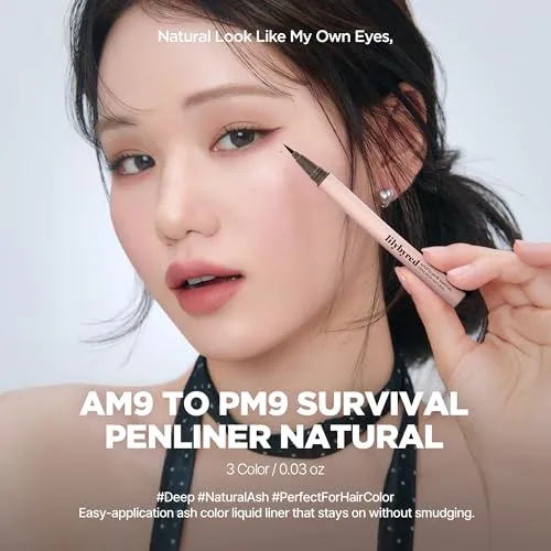 lilybyred AM9 to PM9 Survival Penliner Natural | Korean Soft Ash Tone Liquid Eyeliner, 0.1mm Ultra-Fine Brush, Quick-Dry, Smudge-Proof, Layerable Ash Pigment, Buildable Color, 0.035 oz. (03 Ash Taupe)