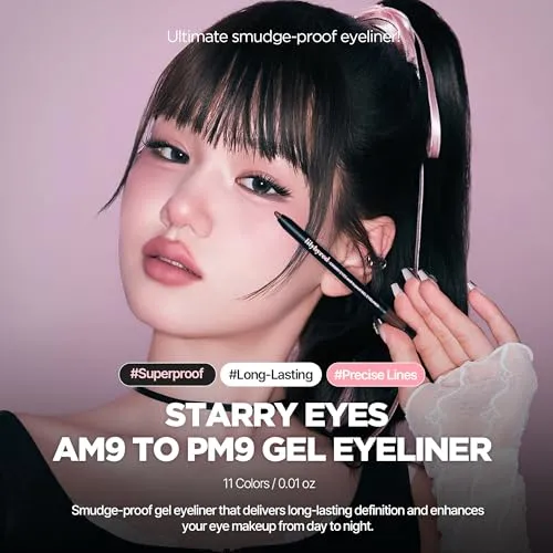 lilybyred Starry Eyes Am9 to Pm9 Gel Eyeliner | Korean Waterproof Gel Eyeliner, Smudge-Proof, Highly Pigmented, Long-Lasting, Smooth Glide, Retractable, Built-in Sharpener, 0.017 oz (04 Golden Pink)