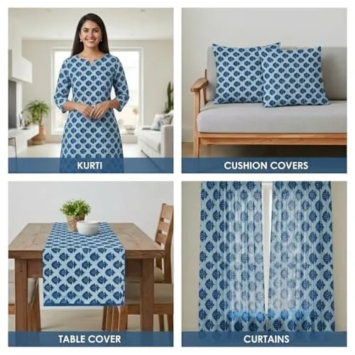 Indigo Blue Floral Block Print Fabric by The Yard Cotton 44" Wide 100% Pure Cotton Machine Washable Boho Fabric for Sewing Dresses & Quilting - 3 Yards (108" x 44")